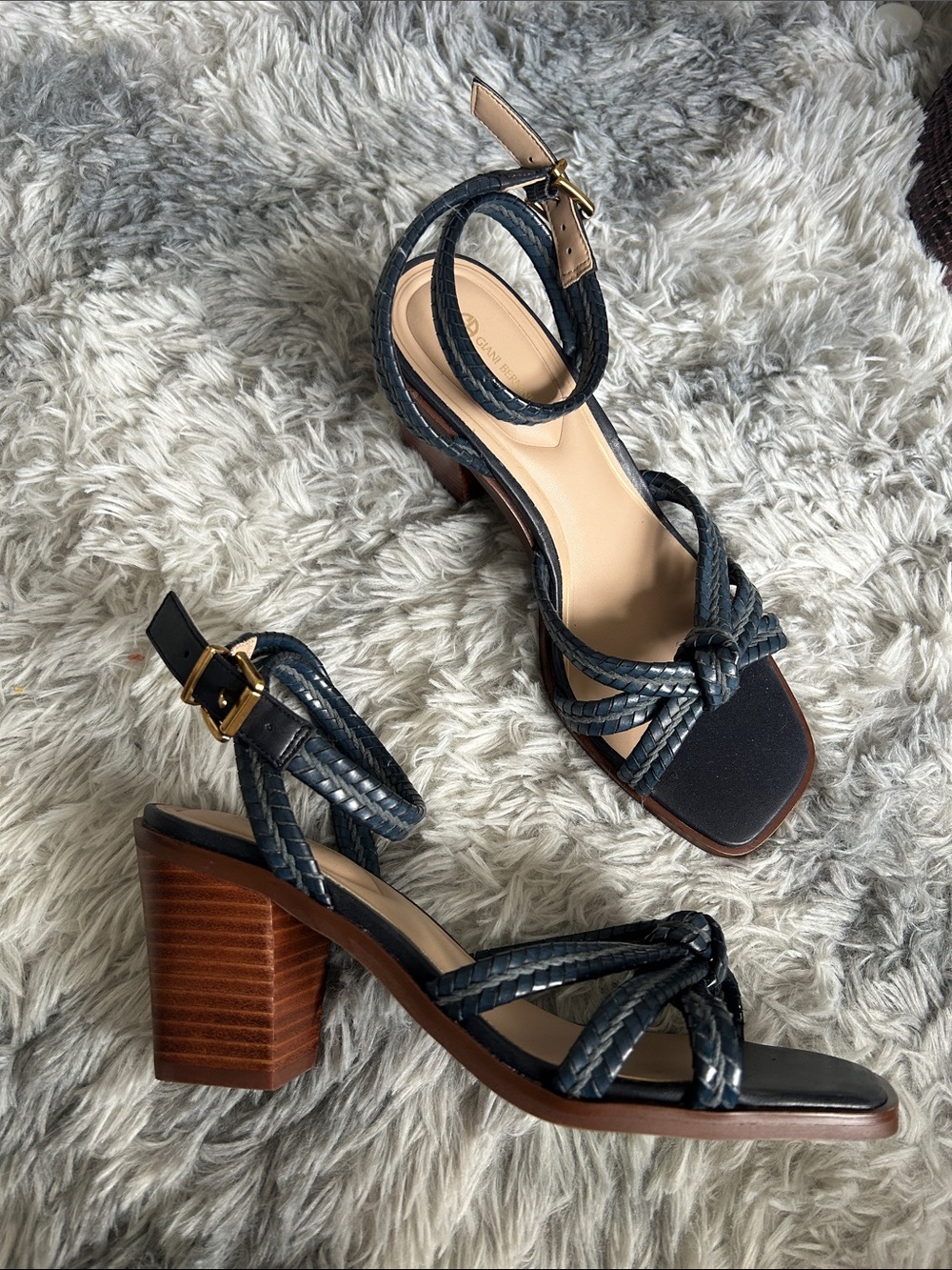 🆕 Giani Bernini Navy Braided Knot Ankle-Strap Block Heel Sandals